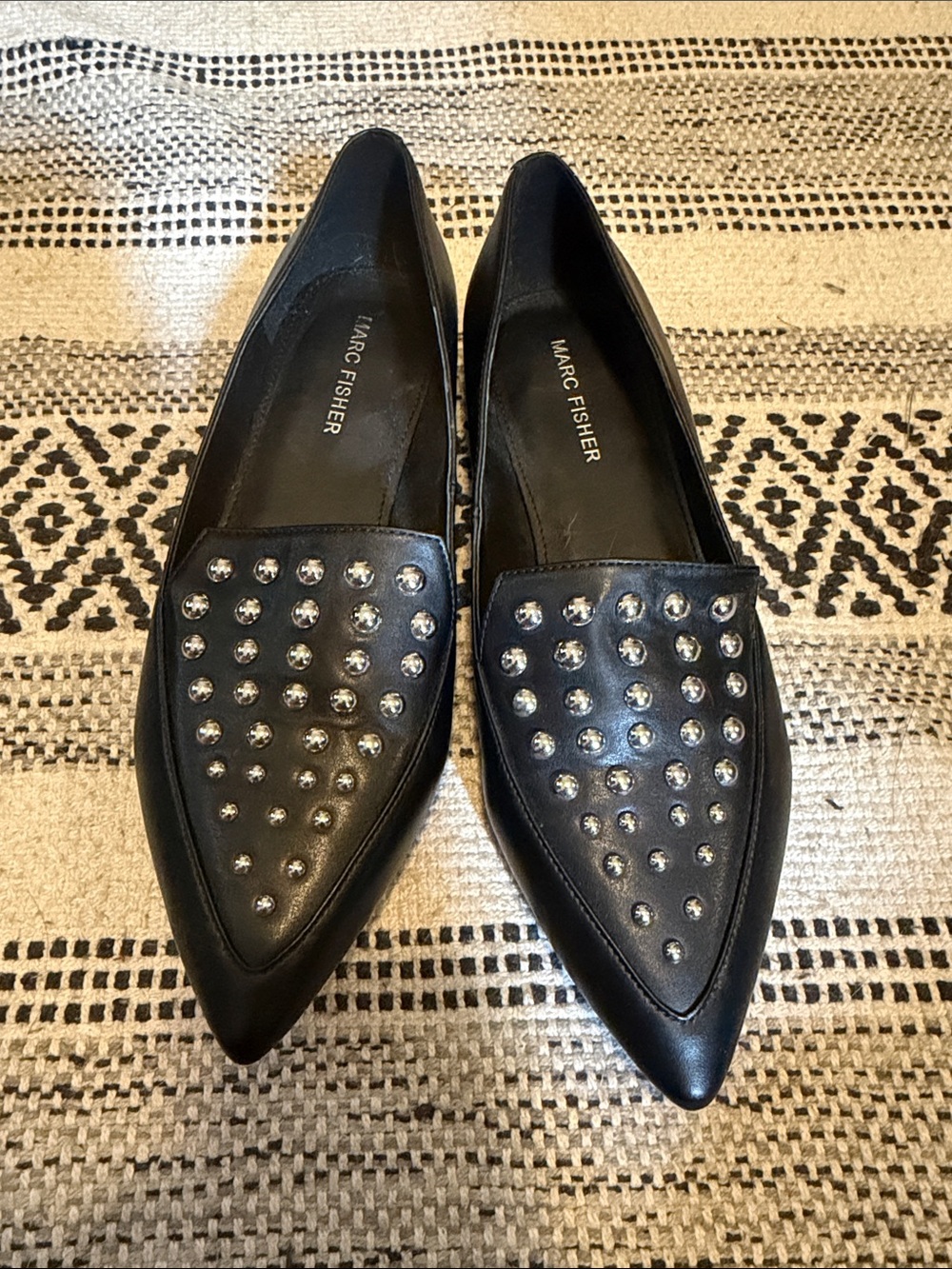 Marc Fisher Black Pointed-Toe Studded Flats